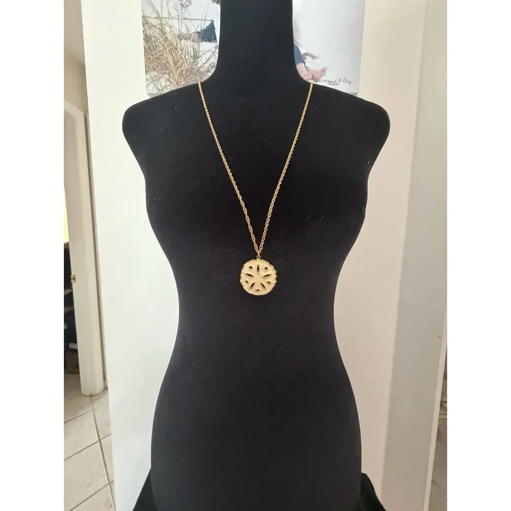 Vintage Gold Tone Sand Dollar Pendant Necklace 31 Inch Coastal Beach Style